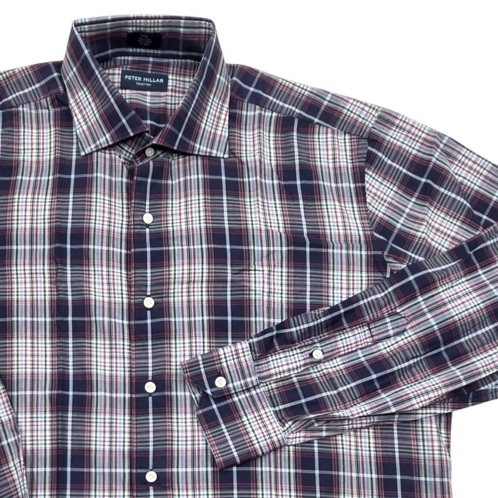 Peter Millar Collection Mens Large Plaid Button Down Shirt Navy‎ Red MF16RD17DNL